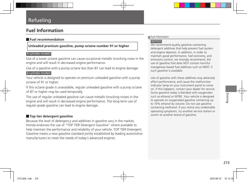 Refueling, Fuel information | Acura 2011 TSX User Manual | Page 217 / 325