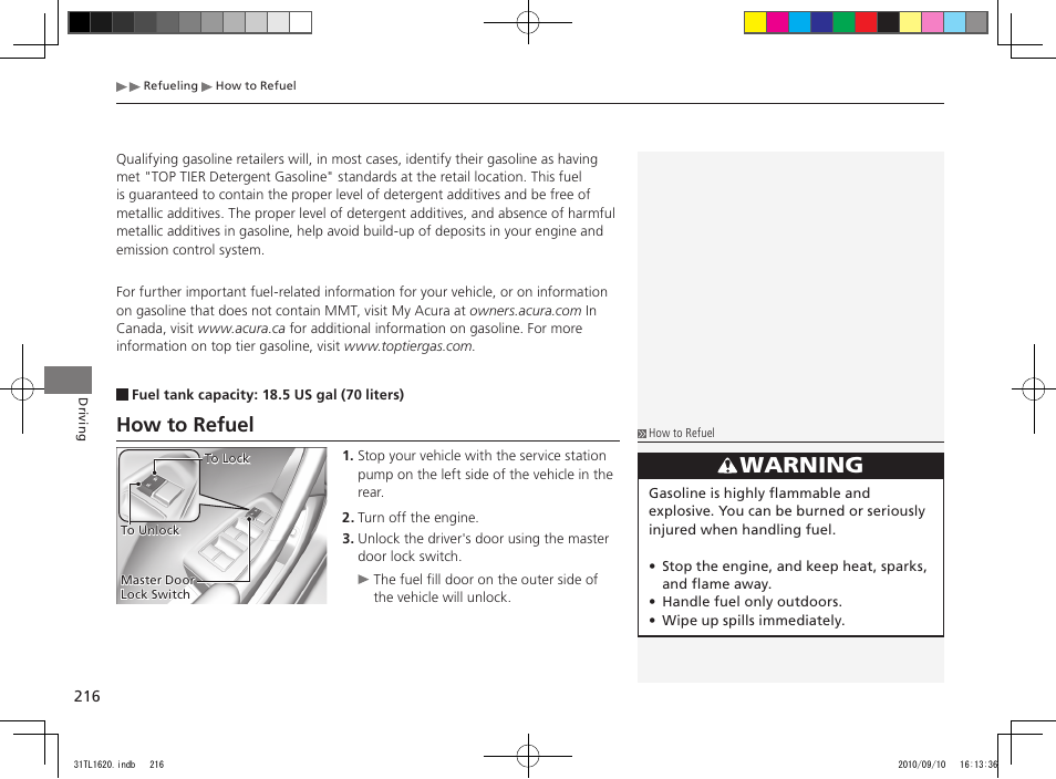 Warning, How to refuel | Acura 2011 TSX User Manual | Page 218 / 325