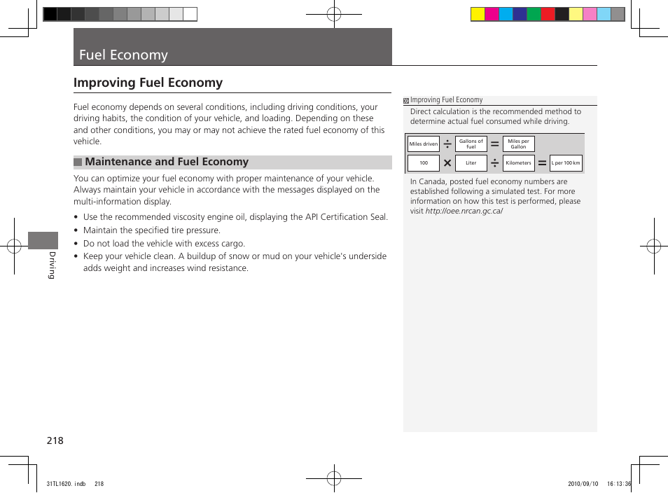 Fuel economy, Improving fuel economy, Maintenance and fuel economy | Acura 2011 TSX User Manual | Page 220 / 325