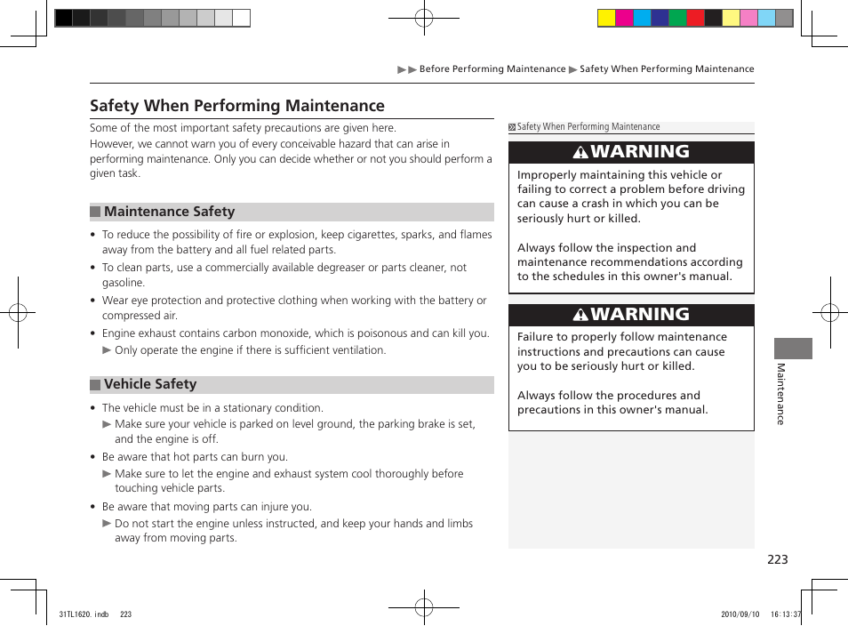 Warning, Safety when performing maintenance | Acura 2011 TSX User Manual | Page 225 / 325