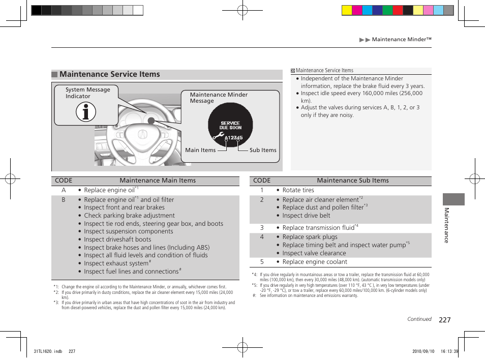 Maintenance service items | Acura 2011 TSX User Manual | Page 229 / 325