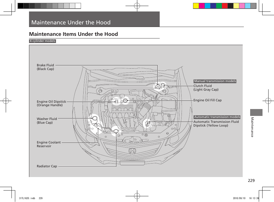 Maintenance under the hood, Maintenance items under the hood | Acura 2011 TSX User Manual | Page 231 / 325