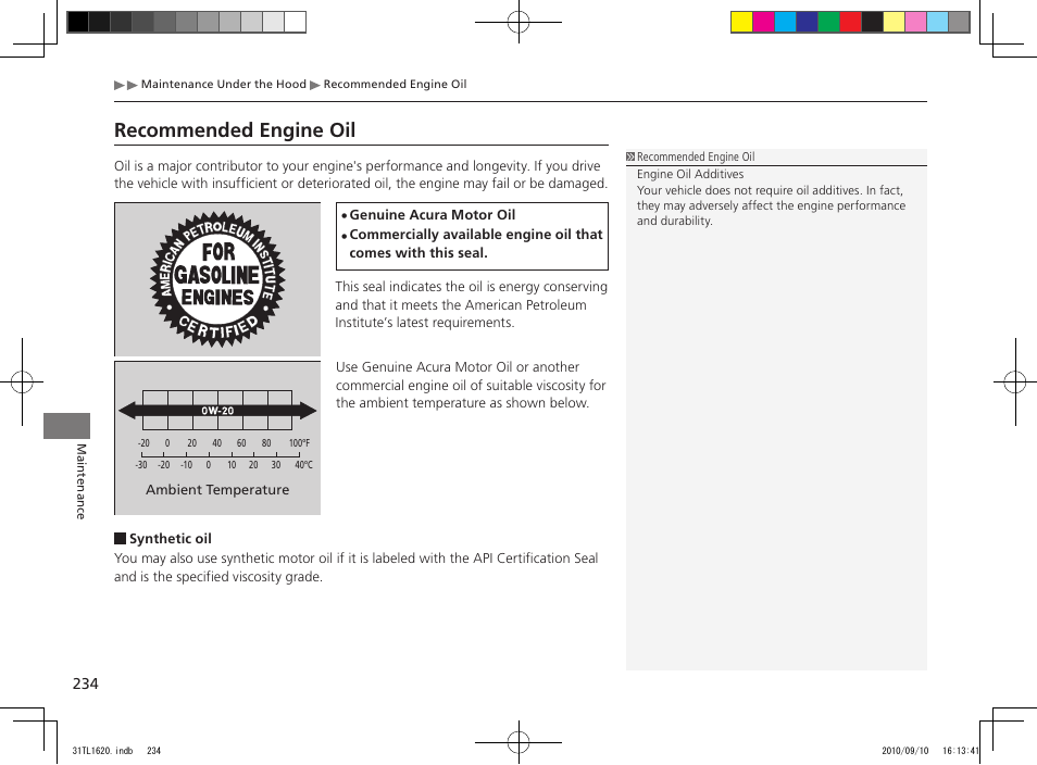 Recommended engine oil | Acura 2011 TSX User Manual | Page 236 / 325