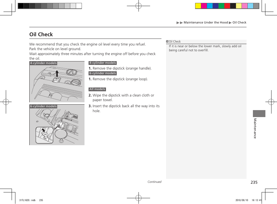 Oil check | Acura 2011 TSX User Manual | Page 237 / 325