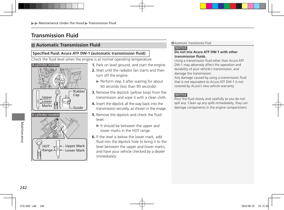 Transmission fluid, Automatic transmission fluid | Acura 2011 TSX User Manual | Page 244 / 325