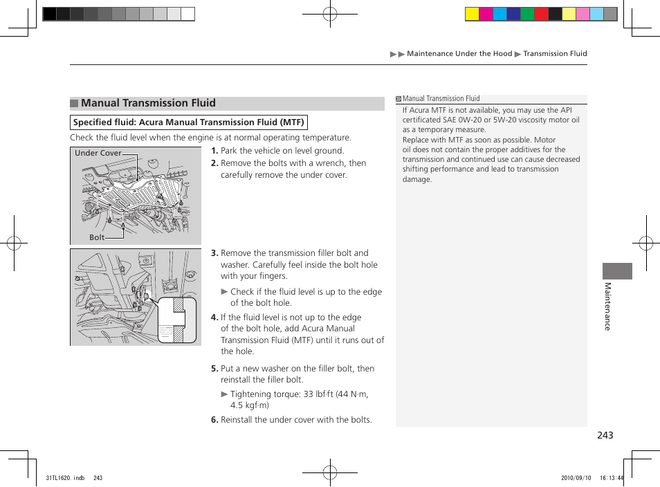 Manual transmission fluid | Acura 2011 TSX User Manual | Page 245 / 325