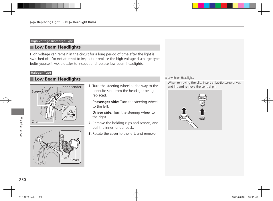 Low beam headlights | Acura 2011 TSX User Manual | Page 252 / 325