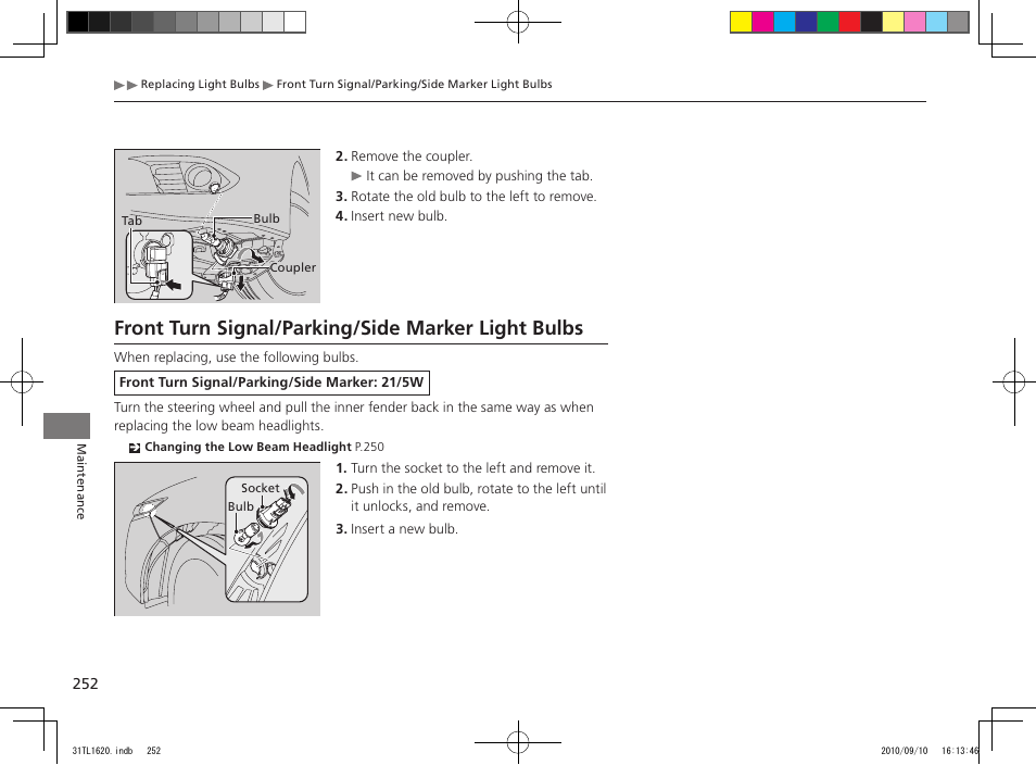 Front turn signal/parking/side marker light bulbs | Acura 2011 TSX User Manual | Page 254 / 325