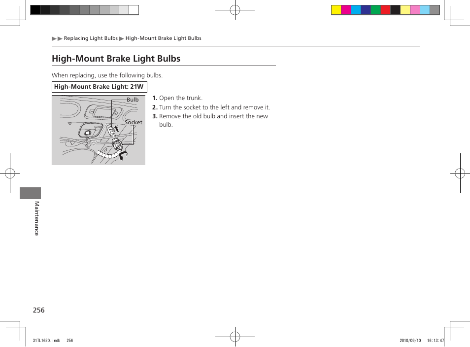 High-mount brake light bulbs | Acura 2011 TSX User Manual | Page 258 / 325