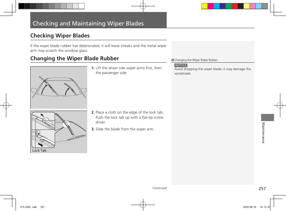 Checking and maintaining wiper blades, Checking wiper blades, Changing the wiper blade rubber | Acura 2011 TSX User Manual | Page 259 / 325