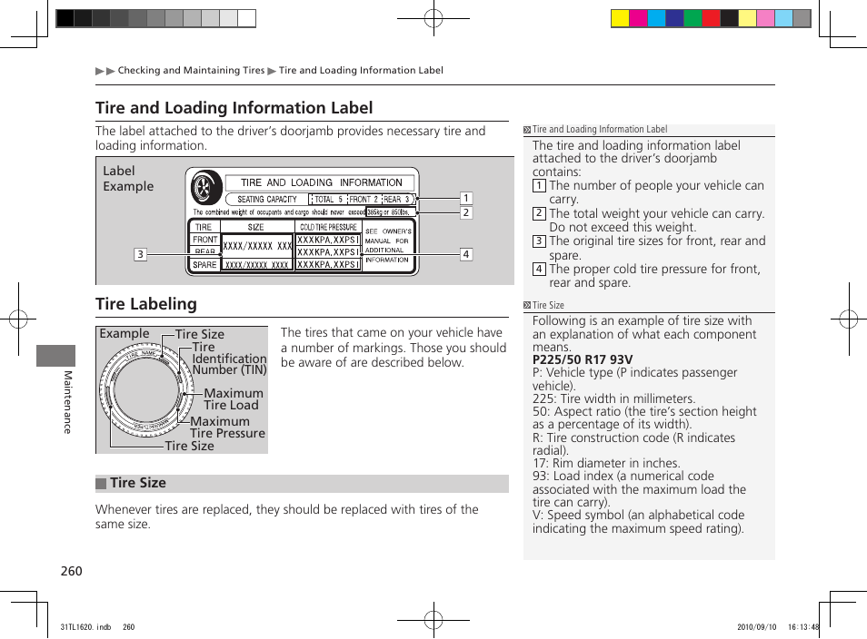 Tire and loading information label, Tire labeling | Acura 2011 TSX User Manual | Page 262 / 325