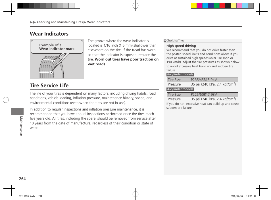 Tire service life, Wear indicators | Acura 2011 TSX User Manual | Page 266 / 325