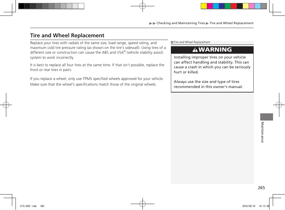 Warning, Tire and wheel replacement | Acura 2011 TSX User Manual | Page 267 / 325