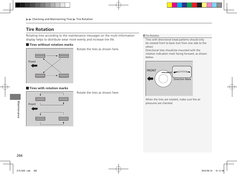 Tire rotation | Acura 2011 TSX User Manual | Page 268 / 325