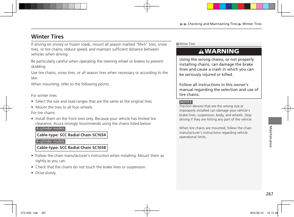 Warning, Winter tires | Acura 2011 TSX User Manual | Page 269 / 325