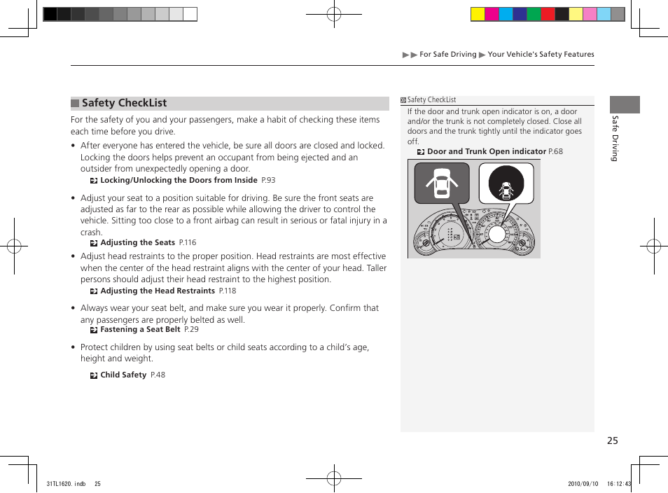 Safety checklist | Acura 2011 TSX User Manual | Page 27 / 325