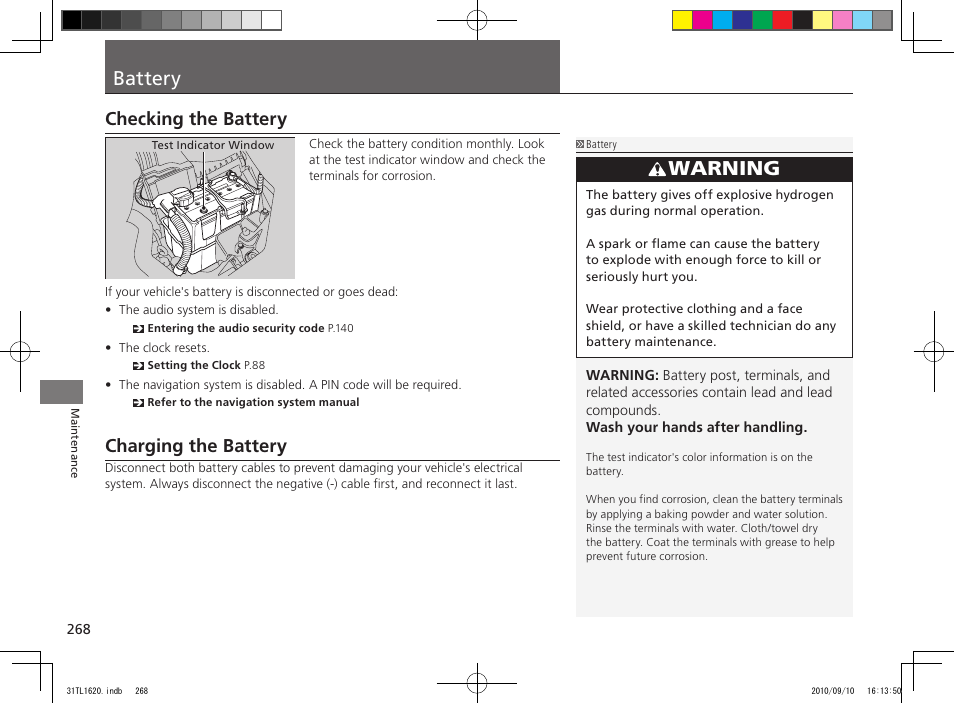 Battery, Warning, Checking the battery | Charging the battery | Acura 2011 TSX User Manual | Page 270 / 325