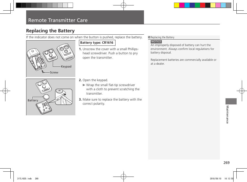 Remote transmitter care, Replacing the battery | Acura 2011 TSX User Manual | Page 271 / 325