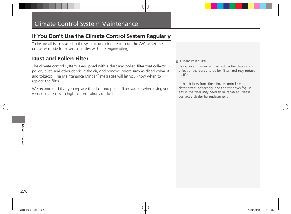 Climate control system maintenance, Dust and pollen filter | Acura 2011 TSX User Manual | Page 272 / 325