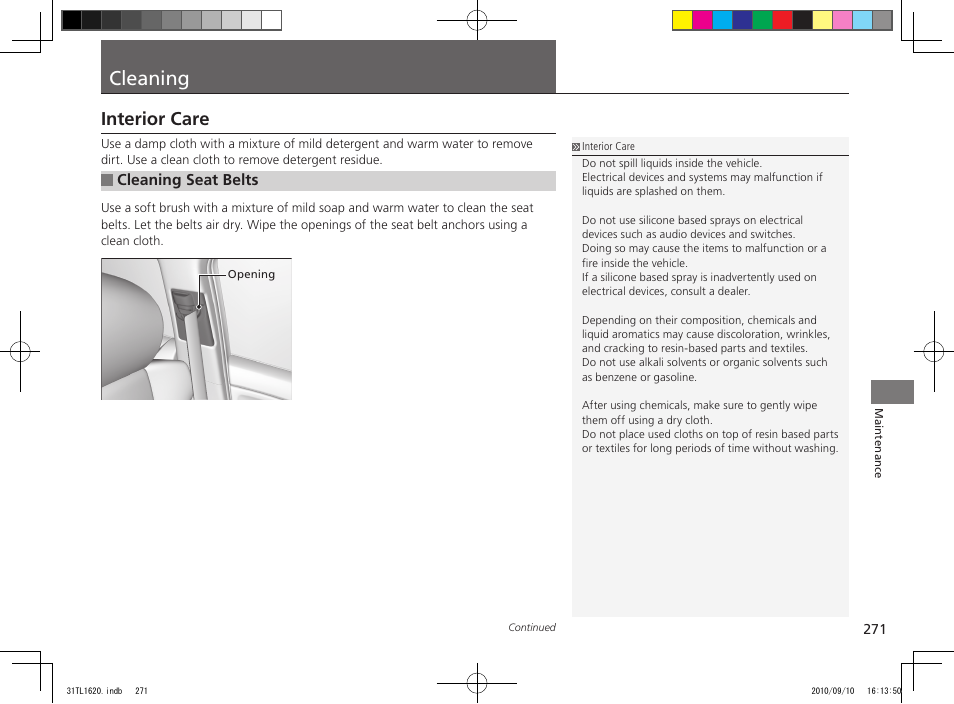 Cleaning, Interior care | Acura 2011 TSX User Manual | Page 273 / 325