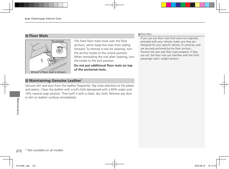 Maintaining genuine leather, Floor mats | Acura 2011 TSX User Manual | Page 274 / 325