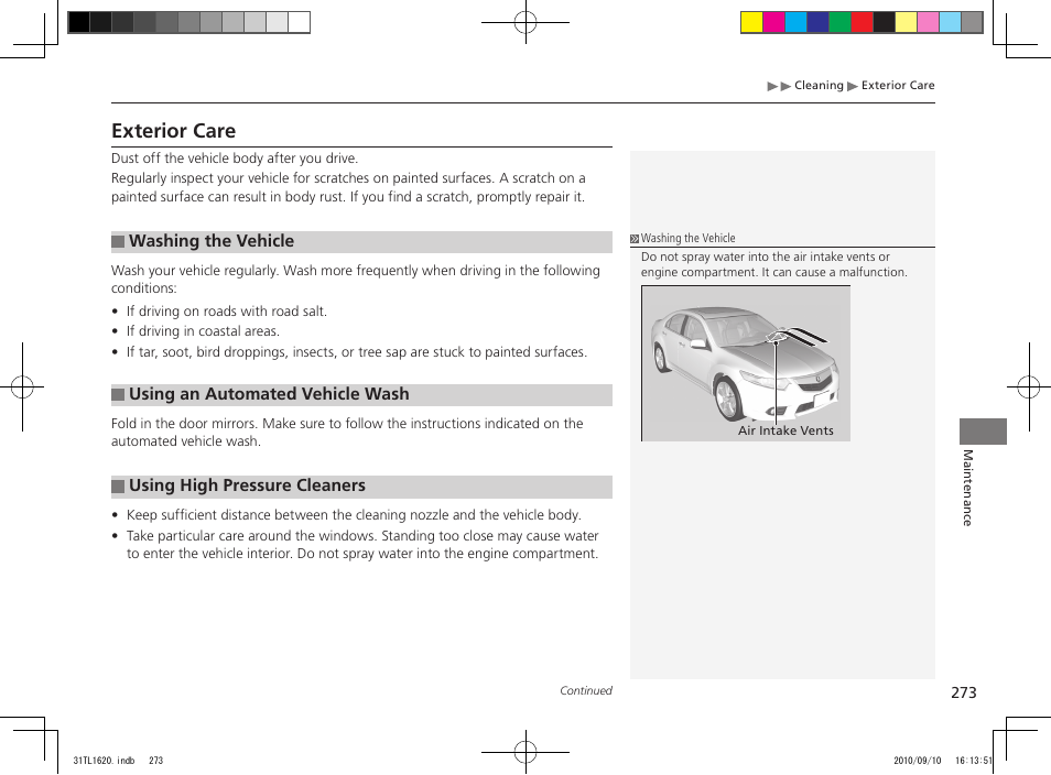 Exterior care | Acura 2011 TSX User Manual | Page 275 / 325
