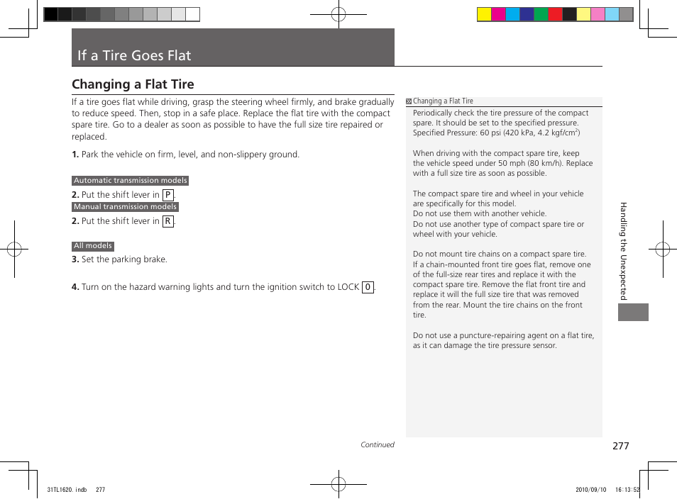 If a tire goes flat, Changing a flat tire | Acura 2011 TSX User Manual | Page 279 / 325