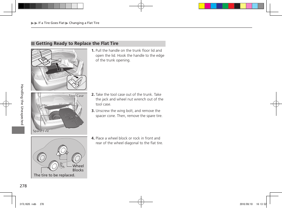Getting ready to replace the flat tire | Acura 2011 TSX User Manual | Page 280 / 325