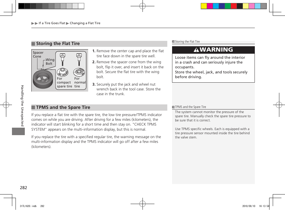 Warning, Storing the flat tire, Tpms and the spare tire | Acura 2011 TSX User Manual | Page 284 / 325