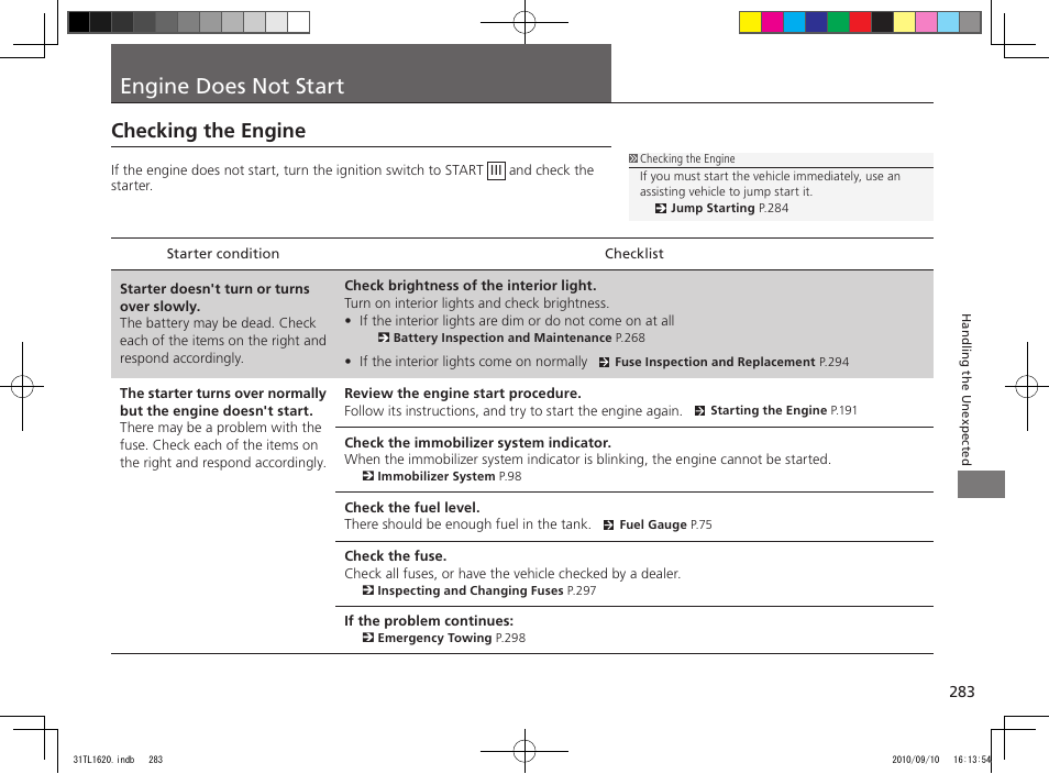 Engine does not start, Checking the engine | Acura 2011 TSX User Manual | Page 285 / 325