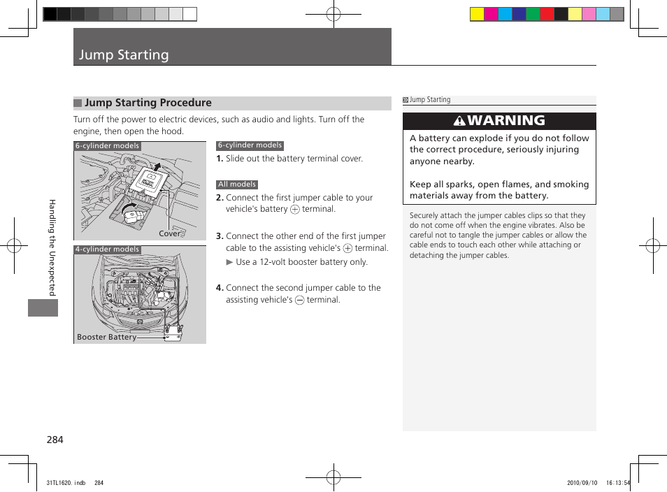Jump starting, Warning | Acura 2011 TSX User Manual | Page 286 / 325