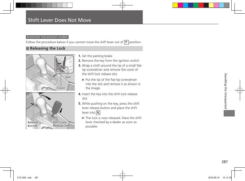 Shift lever does not move | Acura 2011 TSX User Manual | Page 289 / 325