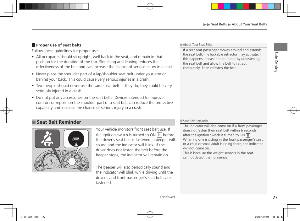 Seat belt reminder | Acura 2011 TSX User Manual | Page 29 / 325