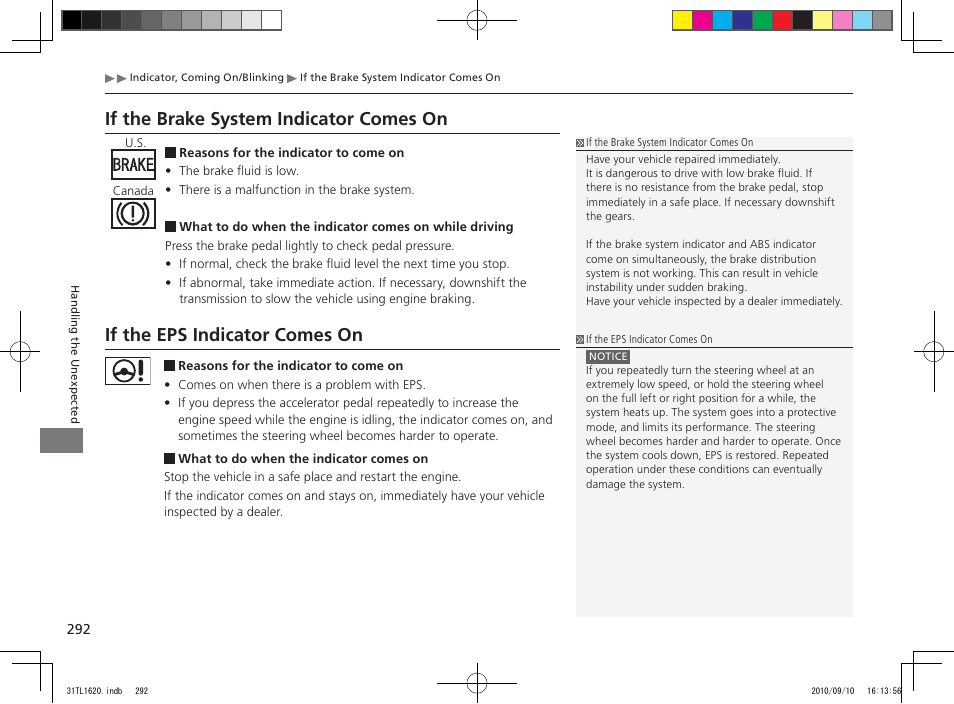 If the brake system indicator comes on, If the eps indicator comes on | Acura 2011 TSX User Manual | Page 294 / 325