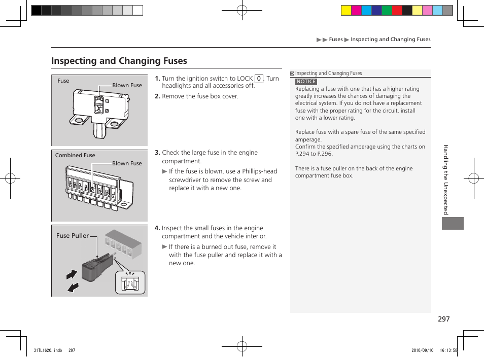 Inspecting and changing fuses | Acura 2011 TSX User Manual | Page 299 / 325