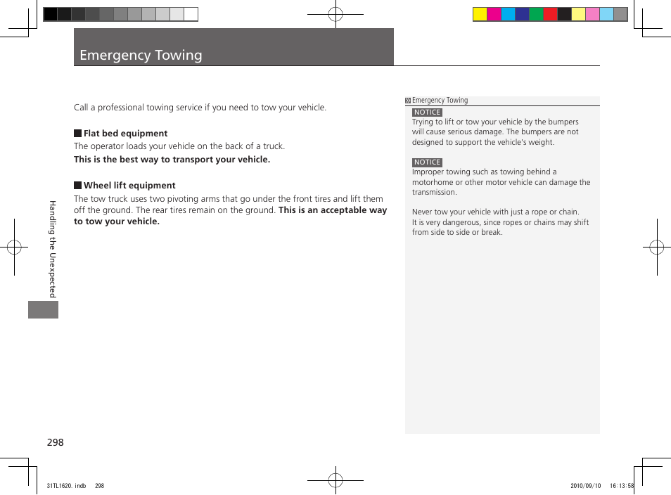 Emergency towing | Acura 2011 TSX User Manual | Page 300 / 325
