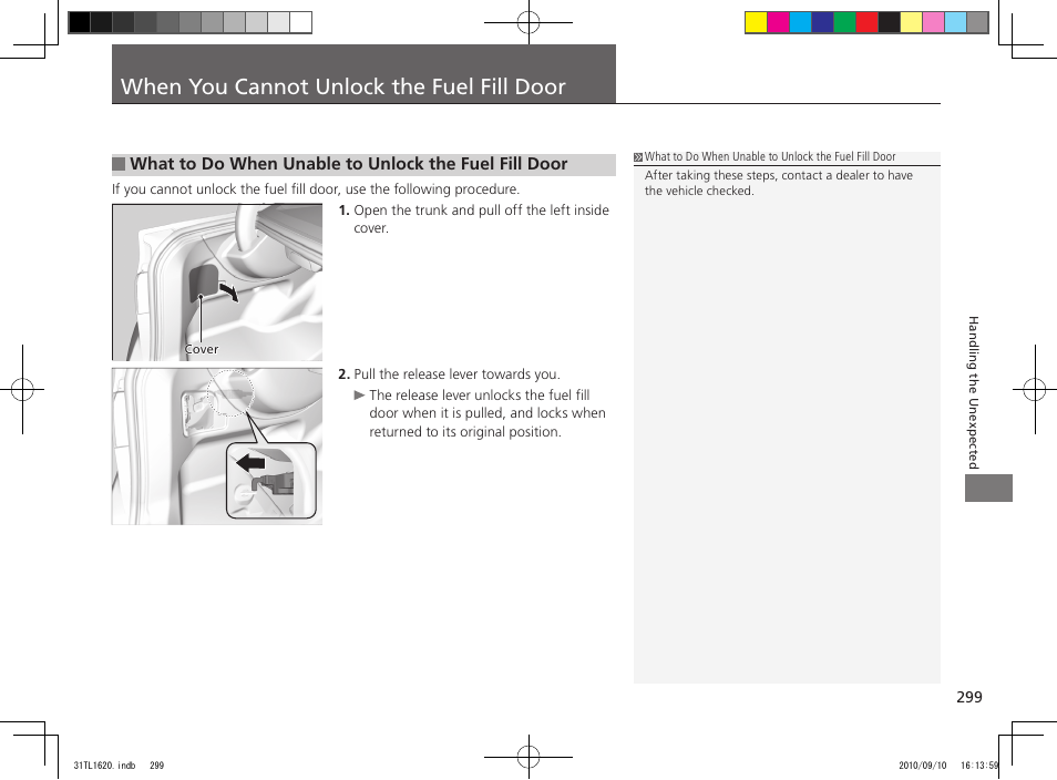 When you cannot unlock the fuel fill door | Acura 2011 TSX User Manual | Page 301 / 325