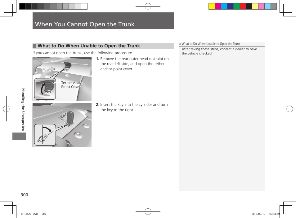 When you cannot open the trunk | Acura 2011 TSX User Manual | Page 302 / 325