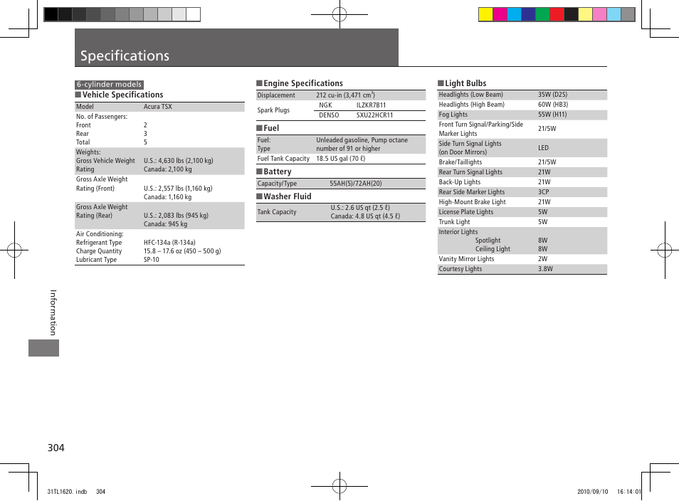 Specifications | Acura 2011 TSX User Manual | Page 306 / 325