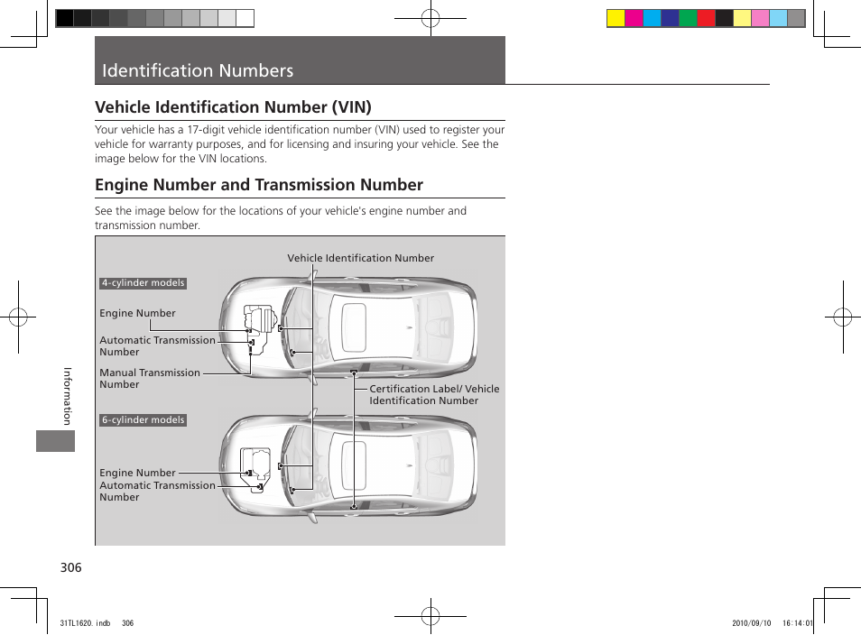 Identification numbers, Vehicle identification number (vin), Engine number and transmission number | Acura 2011 TSX User Manual | Page 308 / 325