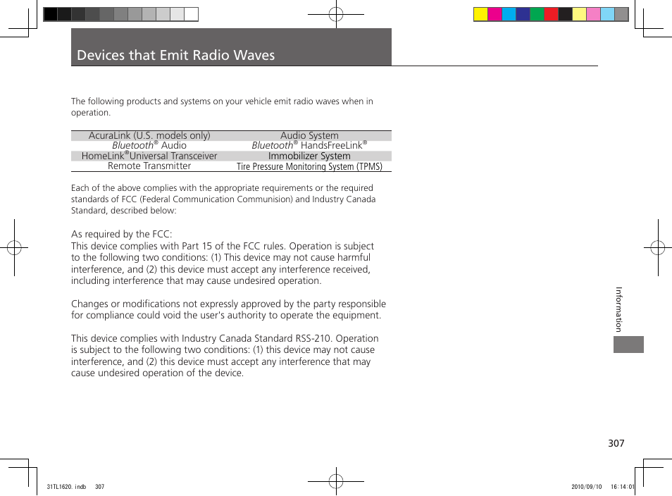 Devices that emit radio waves | Acura 2011 TSX User Manual | Page 309 / 325