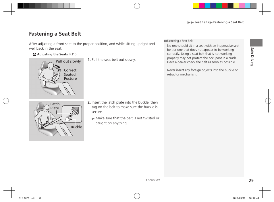 Fastening a seat belt | Acura 2011 TSX User Manual | Page 31 / 325