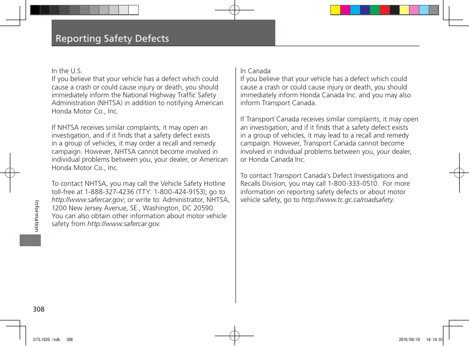 Reporting safety defects | Acura 2011 TSX User Manual | Page 310 / 325