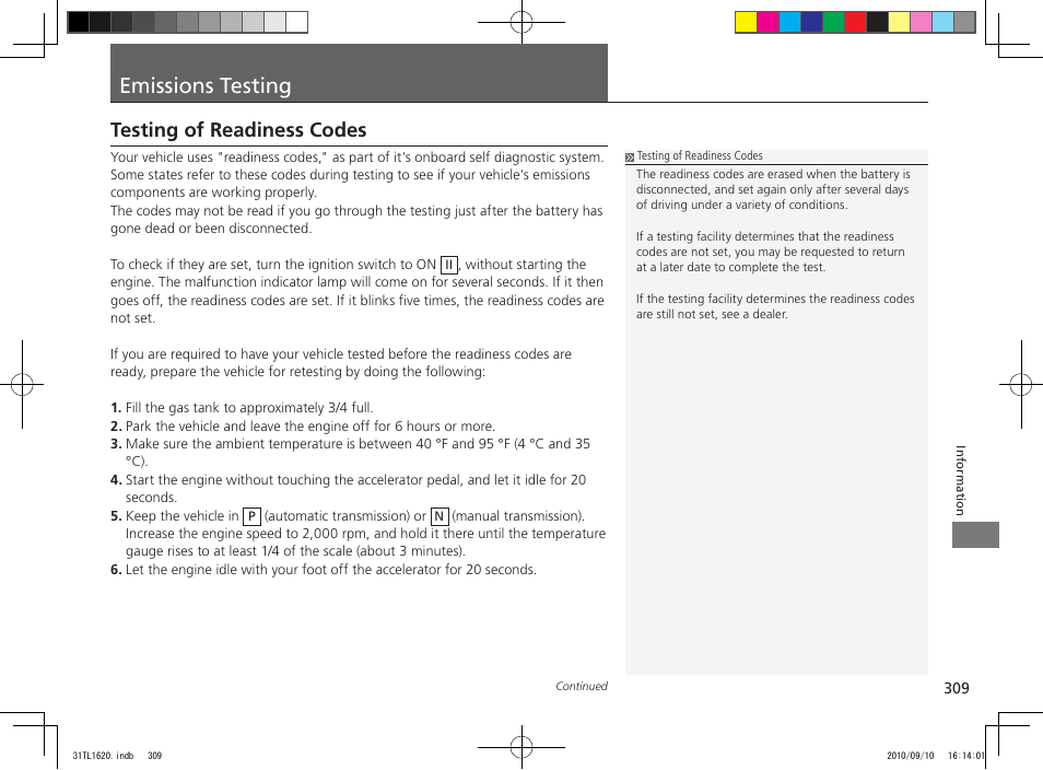 Emissions testing, Testing of readiness codes | Acura 2011 TSX User Manual | Page 311 / 325