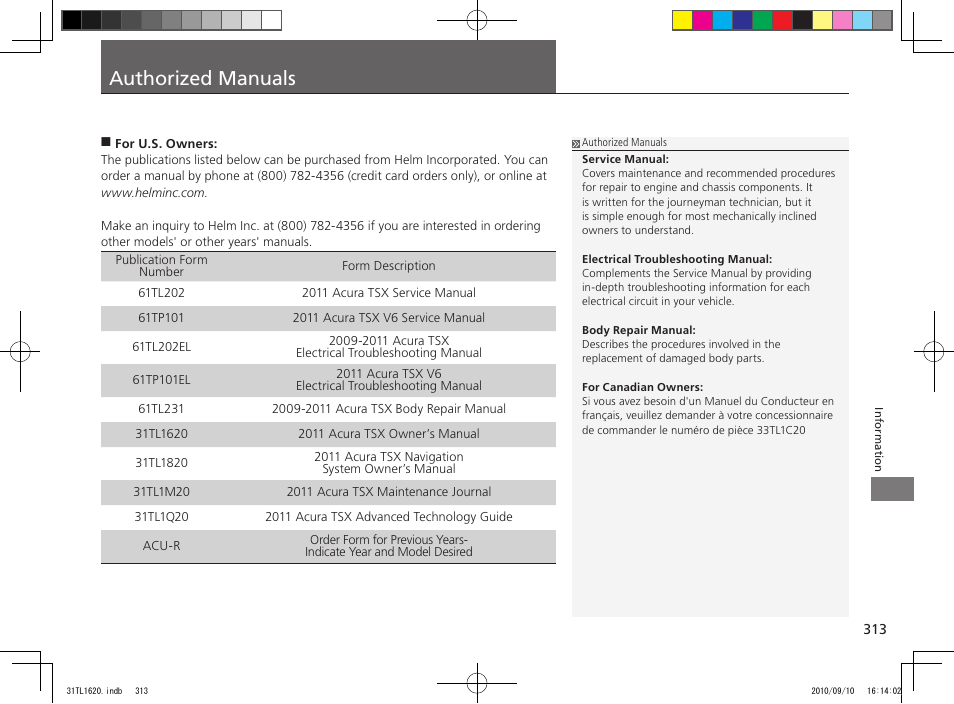 Authorized manuals | Acura 2011 TSX User Manual | Page 315 / 325