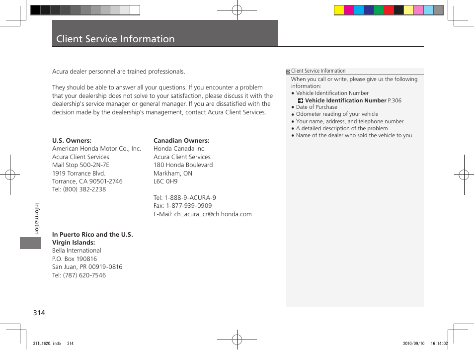 Client service information | Acura 2011 TSX User Manual | Page 316 / 325