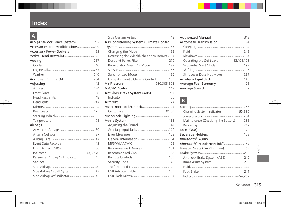 Index | Acura 2011 TSX User Manual | Page 317 / 325