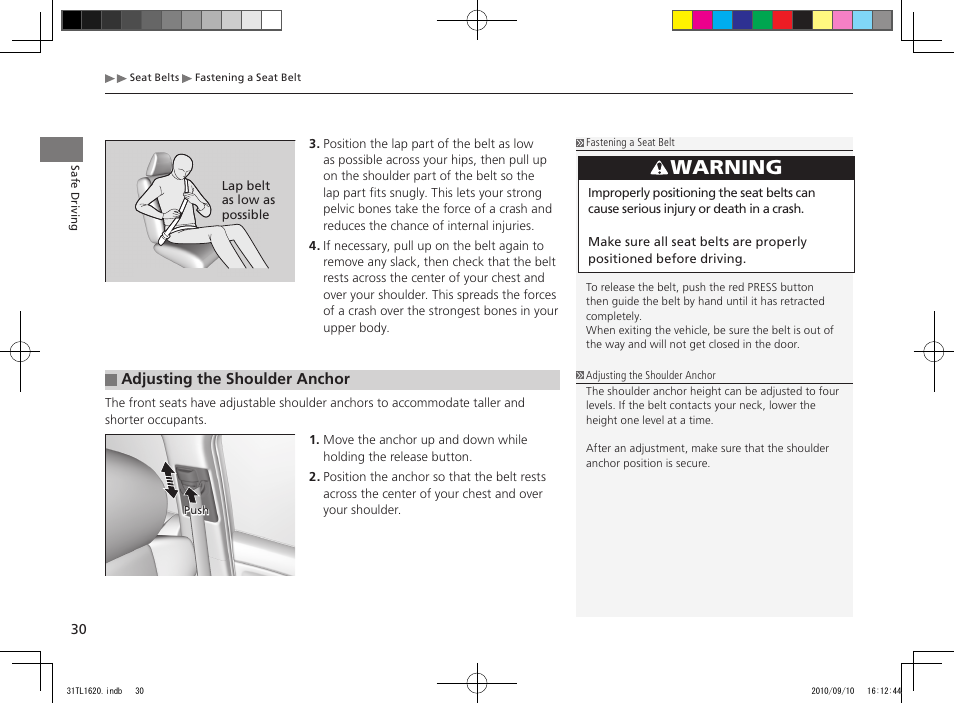 Warning | Acura 2011 TSX User Manual | Page 32 / 325
