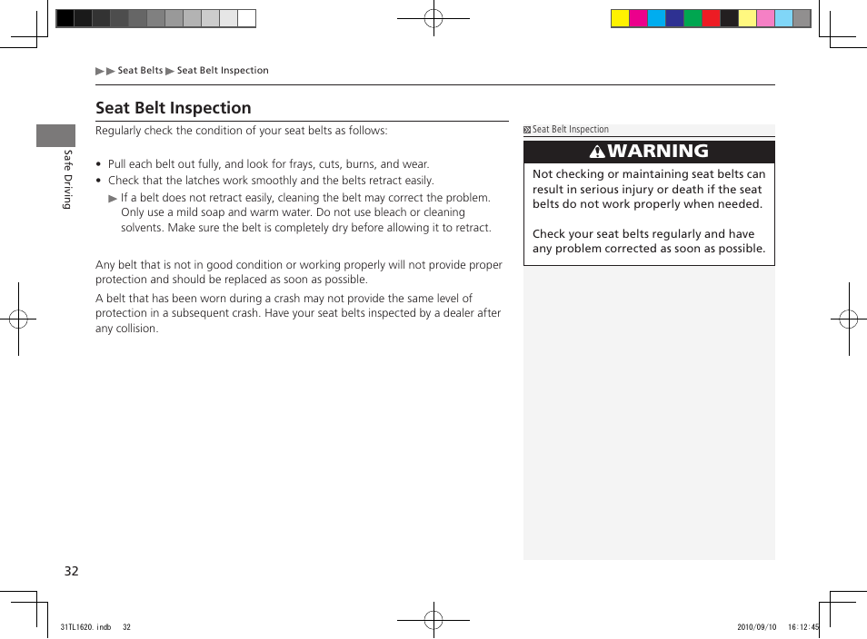 Warning, Seat belt inspection | Acura 2011 TSX User Manual | Page 34 / 325