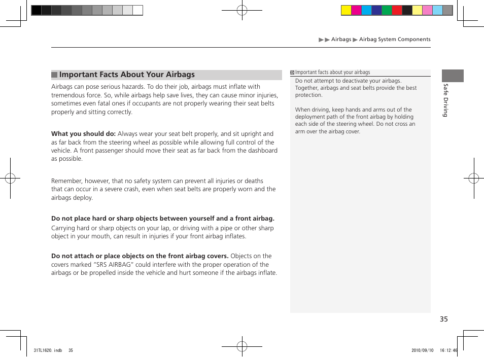 Important facts about your airbags | Acura 2011 TSX User Manual | Page 37 / 325